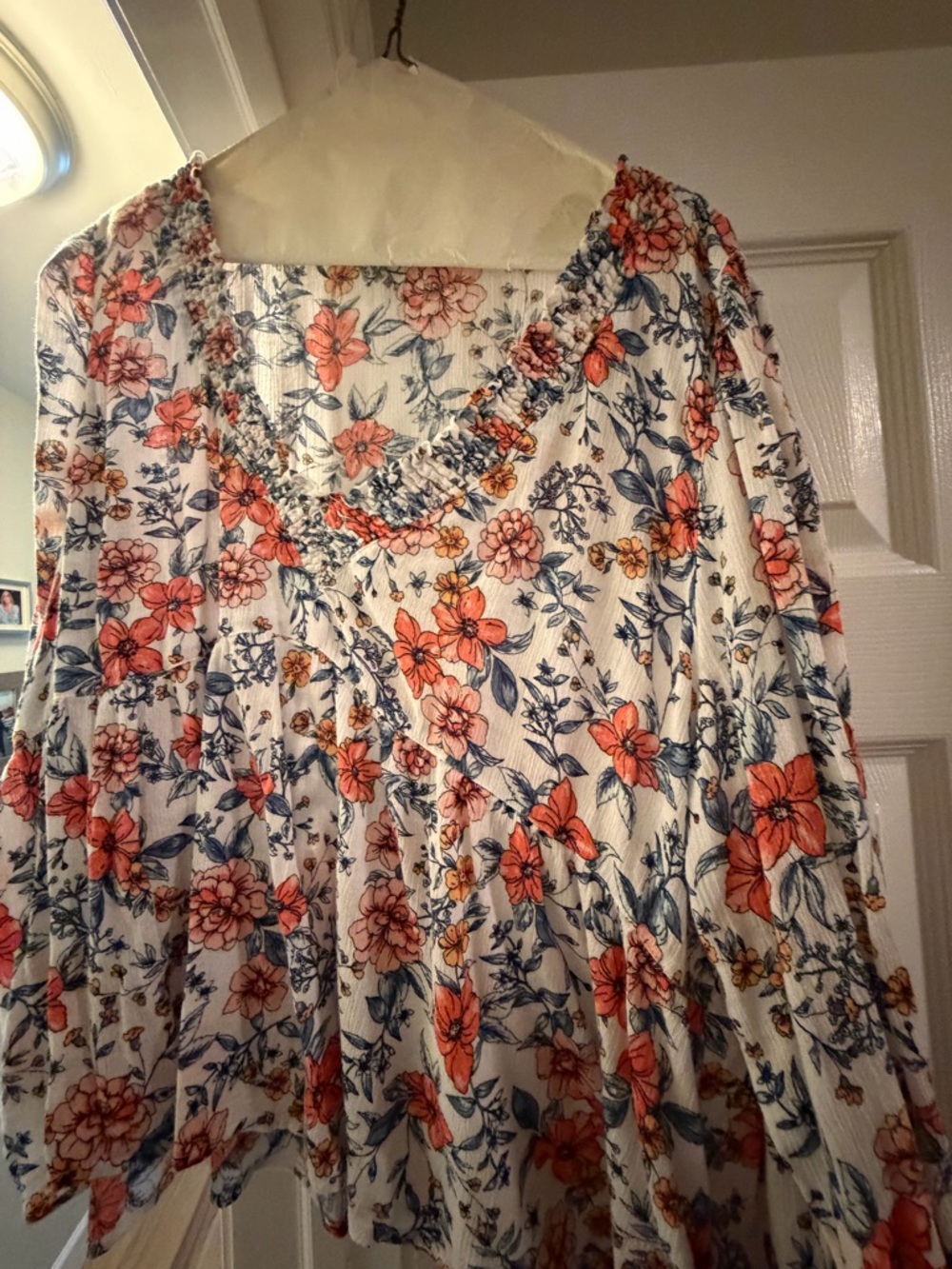 Lucky Brand Cream Floral V-Neck Blouse with Coral & Blue Print
New without tags